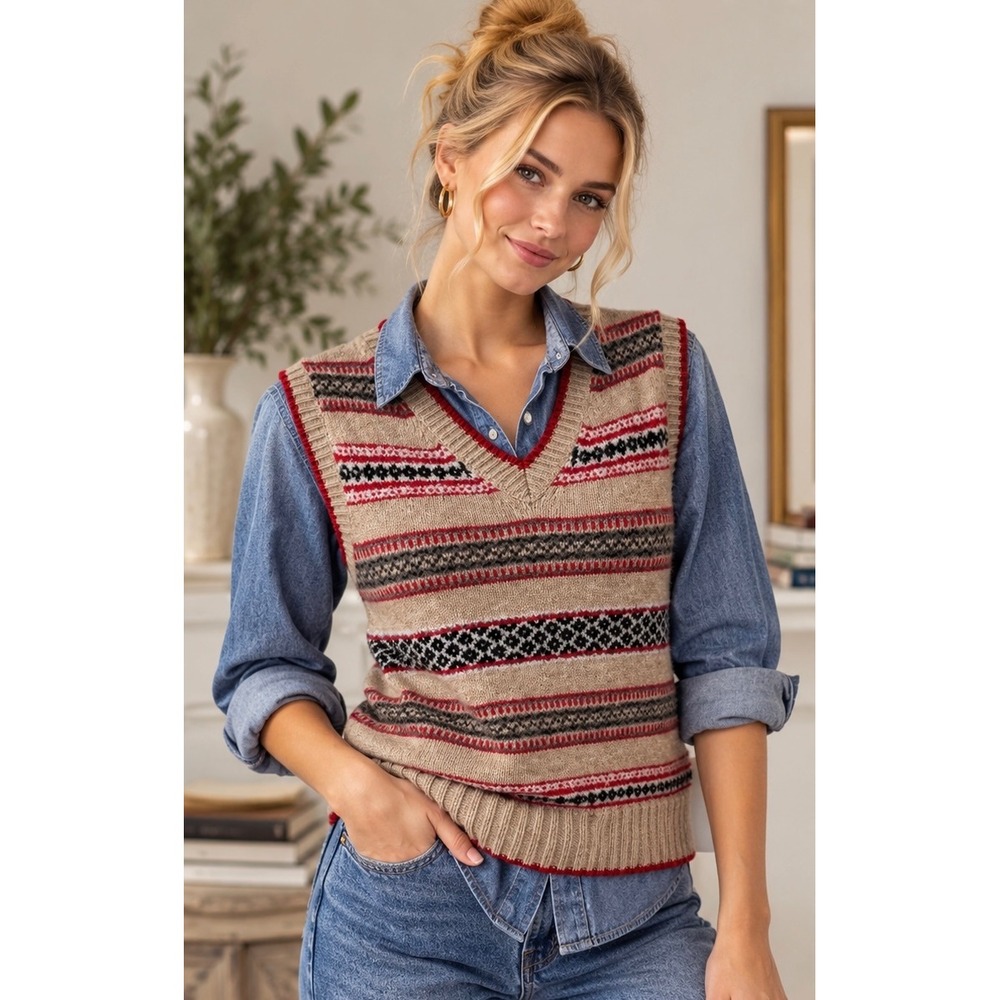Vintage Farhi Fair Isle Lambswool Sweater Vest L Wool Blend Grandpacore SONY
